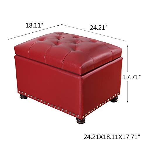 Adeco High End Red Classy Bonded PU-Leather Tufted Accents Rectangular Storage Bench Ottoman Footstool, - color: Red Pu