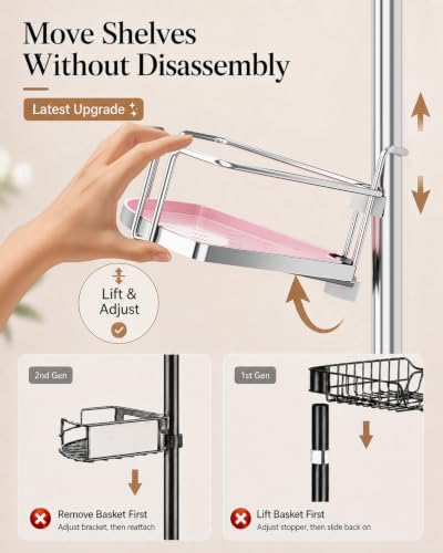 ALLZONE Corner Shower Caddy Tension Pole, 4 Hang-On Basket with Mixed-Height Shelves for Various Bottle Sizes, Extra Hooks & Soap Holder, Rustproof Stainless Steel, Fits 34–116 Inch, Silver/Pink - color: Silver/Pink
