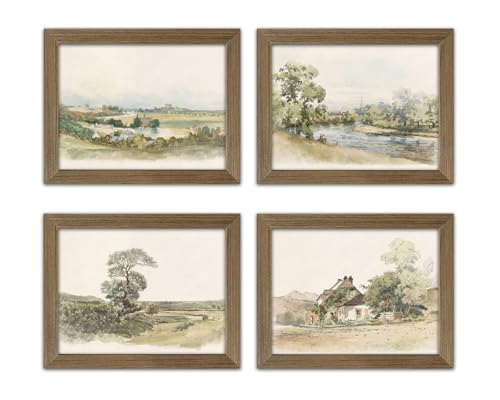 Vintage Farmhouse Wall Art Canvas Prints Set of 4 Framed Landscape Painting Posters Rustic Country Wall Decor Pictures Gallery Artwork Print for Living Room Bedroom Home Decor 8x10 Inch - color: Rural scenery