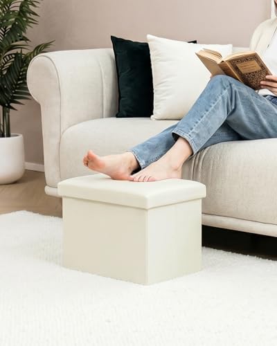 PINPLUS Flat Top Folding Linen Storage Ottoman 16.5", 36L Collapsible Storage Cube with Lid, 250 lbs Load Capacity, Fabric Foot Rest Seat for Living Room, Bedroom, Closet,Cream White - color: Cream White