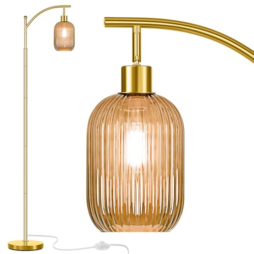 gernehop Glass Floor Lamp for Living Room, Modern Gold Standing Lamp with Ribbed Glass Lampshade Pedal Switch, 67” Tall Lamp for Bedroom Study Room - color: Gold
