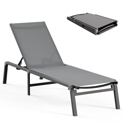 Aluminum Chaise Lounge Ourdoor - Foldable & Assemble Free Outdoor Lounge Chair with 5 Adjustable Backrest, Patio Lounge Chair for Outside Poolside Beach Pool, Grey - color: Grey, size: 1 Pack