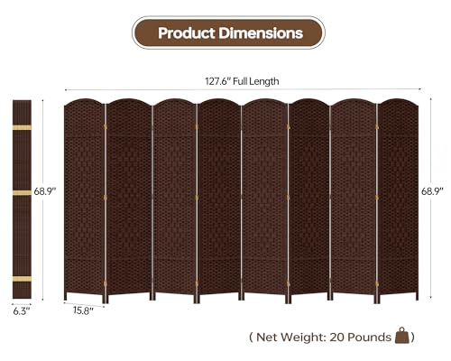 8 Panel Room Divider, 6 FT Wide Folding Screen Room Divider, Brown | Double Hinged Folding Screen Room Dividers for Patio Privacy - color: Brown, size: 8 Panels