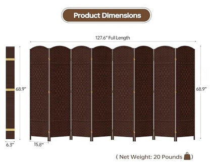8 Panel Room Divider, 6 FT Wide Folding Screen Room Divider, Brown | Double Hinged Folding Screen Room Dividers for Patio Privacy - color: Brown, size: 8 Panels