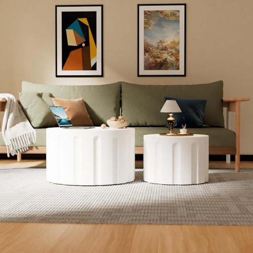 Round Nesting Coffee Table Set of 2 Modern Wood Circle Coffee Table (White) | Fluted Coffee And End Table Set Drum Accent Table for Living Room Small Apartment No Assembly Required - color: White