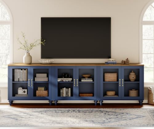 WAMPAT Farmhouse TV Stand for 100 Inch TV, Glass Wooden Universal TV Stand with 3 Storage Cabinets, Entertainment Center for 75/80/85/90 Inch TV, Console Table for Living Room, Bedroom, Navy Blue - color: Navy Blue-a, size: 3