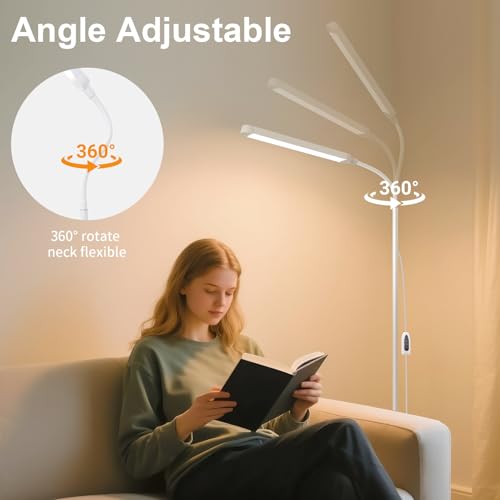 White LED Reading Floor Lamp, Bright 12W Dimmable Standing Light, Adjustable Gooseneck,3 Color Temperatures 5 Gears Brightness, Living Room Bedroom office Library Work makeup tattoo lash Desk Lamp - color: White