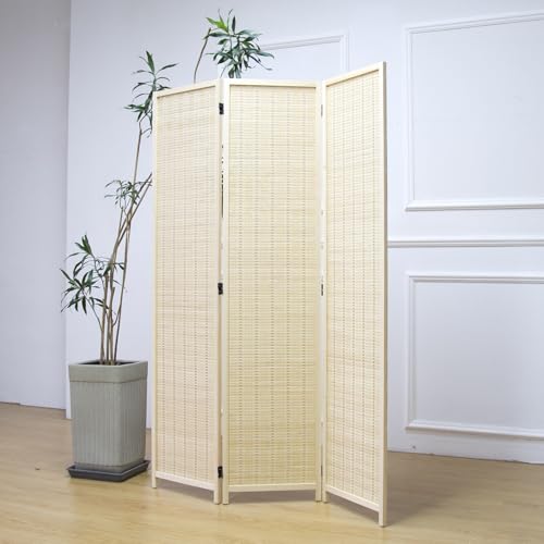 3 Panel Room Divider and Folding Panel Screen,Bamboo Panel Divider Screen for Room Separation,Beige,67" H x 46" W - color: Beige, size: 3 Panel