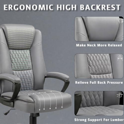 Home Office Executive Desk Chair, High Back PU Leather Chair, Height Adjustable Swivel Computer Chair with Padded Armrest, Grey - color: Grey
