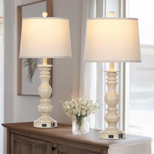 28" Farmhouse Table Lamps Set of 2 with USB C+A Ports & AC Outlet for Vintage Living Room Retro Bedroom,3-Way Dimmable Touch Lamp Resin Bedside Lamps for Nightstand Side End Table, Beige - color: Beige