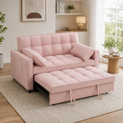 55" Pull Out Sleeper Sofa, Velvet Loveseat with Side Pockets,Pink | Velvet upholstery, 5-level adjustable back, Pull-out bed design, Sturdy frame with side pockets - color: Pink