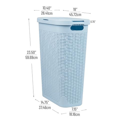 Mind Reader Slim Laundry Hamper with Lid, 40L Clothes Basket, Narrow Tapered Design with Ventilated Cutout Pattern, Plastic, Baby Blue - color: Baby Blue, size: Single