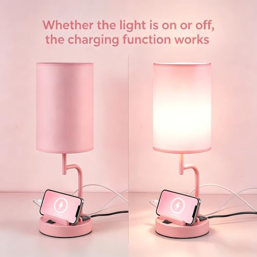 Dreamholder 2 Pack Table Lamp, Bedside Lamp with 3 USB Charging Ports & AC Outlet, USB Desk Lamp with 2 Phone Holders, Linen Fabric Shade Nightstand Lamps for Bedroom Living Room Office, Pink - color: Pink