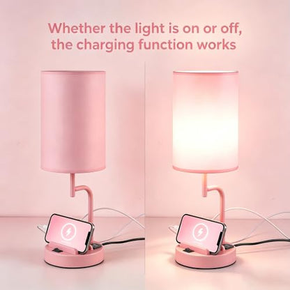 Dreamholder 2 Pack Table Lamp, Bedside Lamp with 3 USB Charging Ports & AC Outlet, USB Desk Lamp with 2 Phone Holders, Linen Fabric Shade Nightstand Lamps for Bedroom Living Room Office, Pink - color: Pink