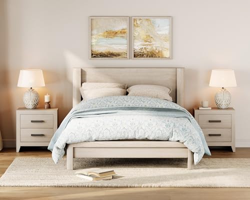 WAMPAT Nightstand with 2 Large Drawers,Wooden Nightstand with Storage,Farmhouse Bedside Table End Table for Bedroom, Beige - color: Beige