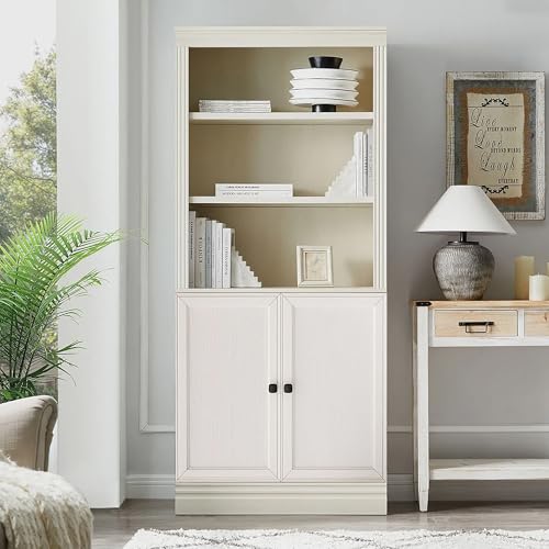 JAHRSTIM Halston Bookcase with Doors, 5-Tier Tall Storage Shelf, Adjustable Shelving Unit Closet Organizer and Storage for Living Room Home Office Bedroom, Modular Bookcase Bookshelf with Doors - color: Cream, size: Standard w/Doors