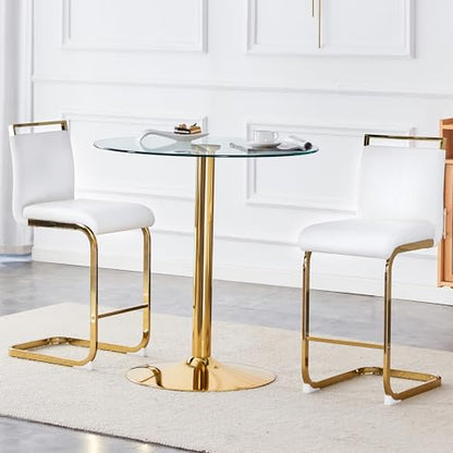 3-Piece Round Bar Table Set,Counter Height Dining Table Set,35" Tempered Glass Pub Table and White Chairs,Round Gold bar Table Set for 2 for Small Spaces,Bistro,Kitchen,Cafe(36" H - color: Gold&white