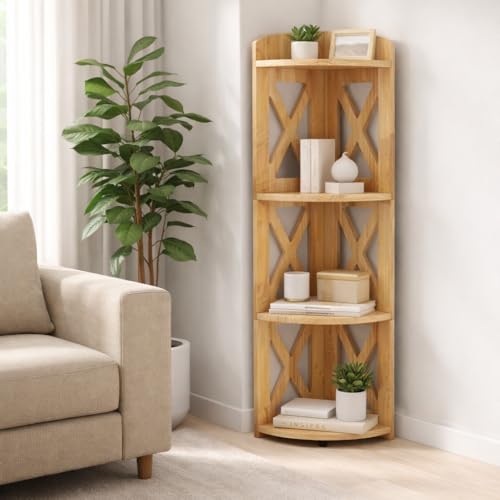 3 Tier Corner Shelf, Wood Corner Shelf Stand, Corner Bookshelf & Corner Bookcase for Small Spaces, Small Corner Shelf Organizer for Living Room, Home Office, Bedroom, (Natural, 4 Tier X) - color: Natural, size: 4 Tier X