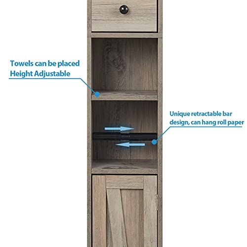 Bathroom Cabinet with Adjustable Shelf, Storage Cabinet for Small Space, Tall Bathroom Storage Cabinet with Retractable Toilet Paper Rod, Narrow Cabinet with 2 Doors, 8 Compartment, Brown Gray