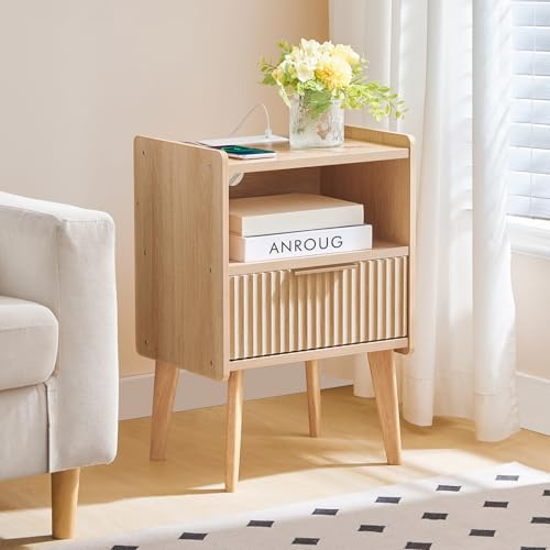 MAHANCRIS Natural Nightstand with Charging Station, Modern Bedside Table with Drawer and Storage Shelf, End Side Table with Solid Wood Legs, Night Stand, Living Room, Bedroom, Small Space, ETNA61E01 - color: Natural