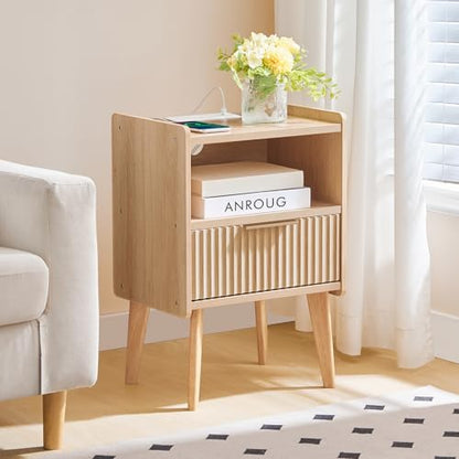 MAHANCRIS Natural Nightstand with Charging Station, Modern Bedside Table with Drawer and Storage Shelf, End Side Table with Solid Wood Legs, Night Stand, Living Room, Bedroom, Small Space, ETNA61E01 - color: Natural