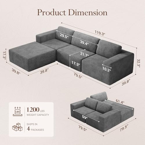 Vesgantti 119" L-Shaped Modular Sectional Sofa, Corduroy Cloud Couch with Deep Seating & Spring Support, Flexible Layout Sofa with Ottoman, Boneless Style, No Assembly Required, Grey - color: 119" - 3 Seater & Ottoman Grey