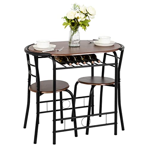 VINGLI 3 Piece Dining Set,Small Kitchen Table Set for 2,Breakfast Table Set for 2,Kitchen Wooden Table and 2 Chairs for Small Space/Dining Room/Apartment,Metal Frame,Wine Rack,Black&Walnut - color: Walnut