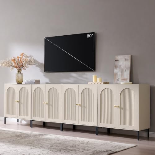 IFBUY 123.5" W Mid Century Modern TV Stands for Living Room, Cream | Wood Entertainment Center w/Adjustable Shelves, Media Console w/Arched Fluted Doors, Entryway Cabinet Fits 80, 85, 95 Inch TV - color: Cream, size: 15.75"D x 123.5‬"W x 34"H