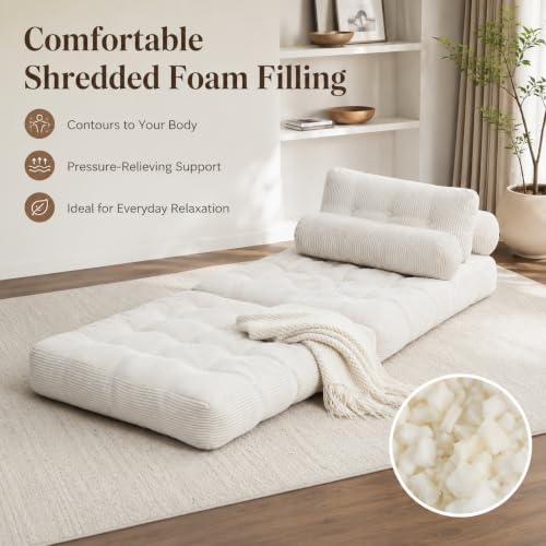 Beige Convertible Sofa Bed Folding Sofa Bed Sleeper Chair Couch Beds, Comfy Floor Beds with Pillow and Back Support, Small Couch for Bedroom, Living Room Bedroom - color: White