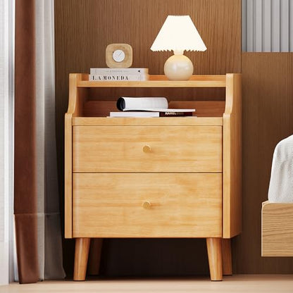 Nightstand with Drawers, 15.7" Solid Wood Side Table for Bedroom, Modern Bedside Table with Pull-Out Tray & Cable Management, Natural - color: Natural, size: 16"