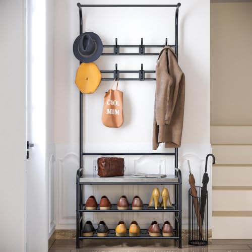 4-in-1 Hall Tree with Shoe Storage Bench, Entryway Coat Rack with 8 Hooks, Hanging Bar & Storage Shelves, Narrow Mudroom Organizer Bench for Entryway, Hallway, Living Room, Coat Rack Bench, Gray