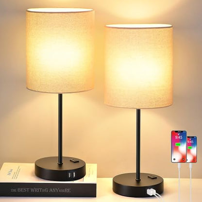 Lynnoland Set of 2 Touch Beige Table Lamps with 2 USB Ports & AC Outlet, 3-Way Dimmable Bedside Nightstand Lamps for Living Room Nursery Office Bedroom, 800 Lumens 2700K Warm Bulbs Included - color: (2 Pack)Beige Linen & Matte Black(Base)-2700K Bulbs Incl