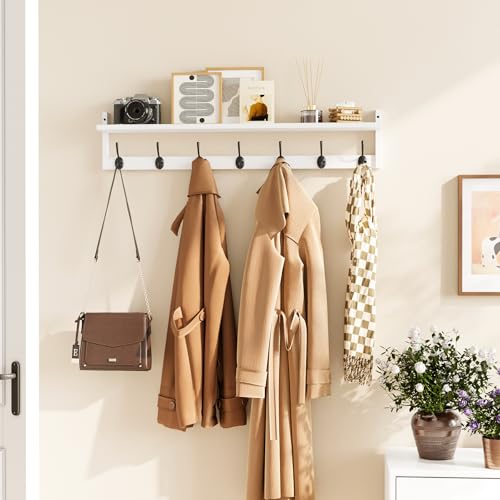 BAMEOS 35" L Wall Hooks with Shelf, Entryway Coat Hooks, Wood Wall Hanging Shelf, Wall-Mounted Coat Rack with 7 Dual Metal Hooks for Bathroom, Kitchen, Living Room, Bedroom (White) - style: White-35IN with shelf
