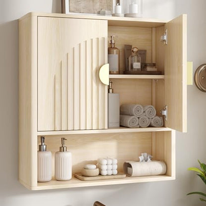 Bathroom Wall Cabinet, Fluted Medicine Cabinet, Natural | Adjustable Wood Shelf, Over The Toilet Storage Cabinet for Laundry Room, Living Room, Rounded Metal Handle, 2 Doors