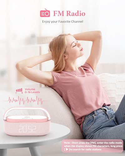 Bluetooth Speaker Alarm Clock & Wireless Charger for Bedside, Home, Office | FM Radio, Adjustable LED Night Light, 6 in 1 Bedroom Portable Speaker 2500mAh, Phone Stand - color: Pink