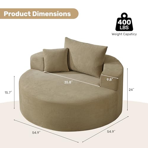 55in Round Chaise Longue Chair Indoor Modern Oversize Upholstered Deep Seat Circle Single Cloud Lounge Floor Sofa Bed with Pillow for Living Room Bedroom Apartment (Brown) - color: Brown