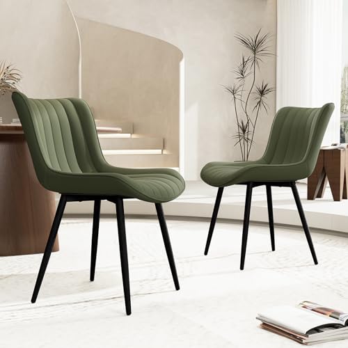 YOUNUOKE Dining Chairs Set of 2 Mid-Century Modern Kitchen Chair Green | Faux leather upholstered with Back, fits dining living waiting room guest reception. Waterproof easy to clean assemble, 300lb - color: Olive Green
