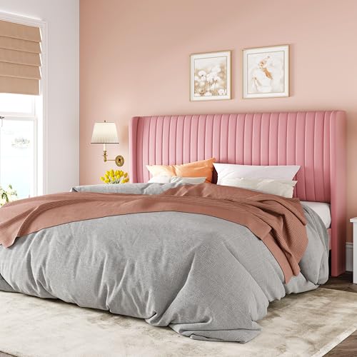 Allewie King Size Velvet Bed Frame/Vertical Channel Tufted Wingback Headboard/Upholstered Platform Bed/Strong Wooden Slats/No Box Spring Needed/Easy Assembly/Pink - color: Pink, size: King