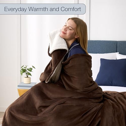 Casual Living Queen Sherpa Blanket, Reversible Fleece, 90" x 90", Brown | Cozy Sherpa Reverse, Oversized Coverage, Hypoallergenic, OEKO-TEX Compliant, Machine Washable, Plush Fleece Face - color: Brown, size: Full/Queen 90 x 90-inch