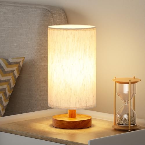 Small Table Lamps (Cream Shade - Walnut Base, 9" Inline Control) | 3000K LED Blub Included | 680 Lumens | Easy Assembly | Minimalist Design | E26 | for Kitchen | for Kids Room - color: Cream Shade - Walnut Base