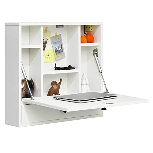 Tangkula Wall Mounted Desk, Pneumatic Floating Laptop Desk with Magnetic Foldable Tabletop, Space Saving Wall Mounted Table Wall Desk with Storage Drawer and Shelves (White) - color: White
