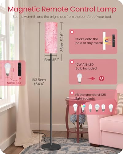 Dimmable Floor Lamps for Living Room with Remote and Foot Switch, 64.4” Modern Standing Tall Lamp, Corner Lamp for Bedroom, Bulb Included, 3000K-6500K, FCC Listed, Sakura Pink and Black CP06LD05W1 - color: Sakura Pink and Black