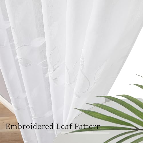 Tollpiz White Leaf Sheer Tier Curtains Leaves Embroidered Kitchen Short Curtain Rod Pocket Voile Bathroom Curtains for Cafe, 30 x 24 inches Long, Set of 2 Panels | Short Curtain Leaves Embroidered Rod Pocket Voile Bathroom Window Treatment for Cafe, Set o