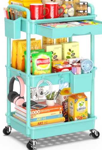 SUNALLY 3 Tier Rolling Cart with Drawer, Craft Storage Cart Organizer, Blue | Bathroom Storage Organizer with 2 Lockable Wheels, Rolling Utility Cart for Kitchen, Office, Baby, Makeup, Nail,Snack,Laundry - color: Blue, size: 3 Tier