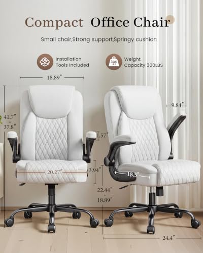 COMHOMA Mid-Back Office Chair, Ergonomic PU Desk Chair with Flip up Arms, Small Computer Gaming with Comfy Lumbar Support,Rocking Function,Sturdy Metal Base, White - color: White