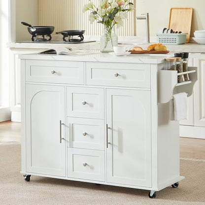 47" Kitchen Island with 2 Storage Cabinets & 5 Drawers, White | Mobile Island Table for Kitchen with Imitation Marble Drop Leaf, Rolling Island Cart with Power Outlet, Spice Rack - color: White