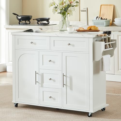 47" Kitchen Island with 2 Storage Cabinets & 5 Drawers, White | Mobile Island Table for Kitchen with Imitation Marble Drop Leaf, Rolling Island Cart with Power Outlet, Spice Rack - color: White