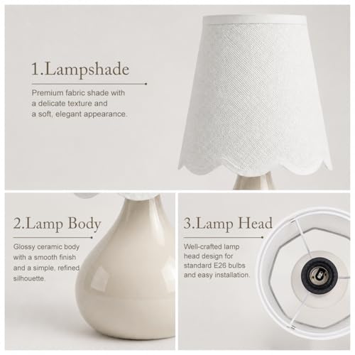 12" Beige Ceramic Table Lamp, Small Plug-in Bedside Lamp with Linen Shade, E26 Socket, 6FT Cord & Rocker Switch, Coastal Accent Lamp for Bedroom Nightstand, Living Room, Dorm