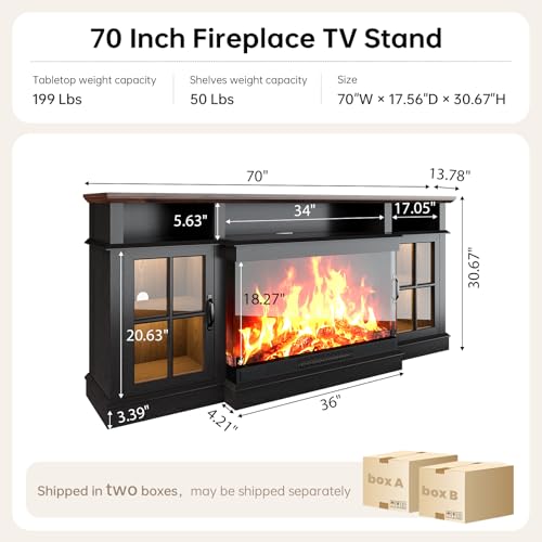 70" Fireplace TV Stand, 3 Sided Glass Modern Entertainment Center for TVs Up to 80”, TV Console with Storage Cabinets, Media Console for Living Room, Black TV Stand and Black Electric Fireplace - color: Black, size: 70-inch