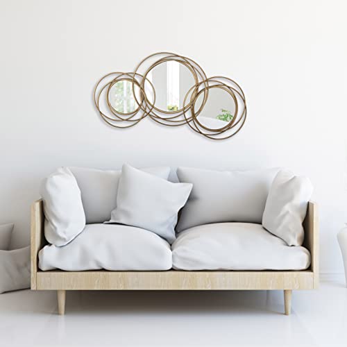 Gold Abstract Circle Mirror Wall Decor 34" x 17.7", Decorative Metal Wall Art Mirror for Living Room, Entryway, Hallway or Fireplace - color: Gold, size: 17.7"L x 34"W